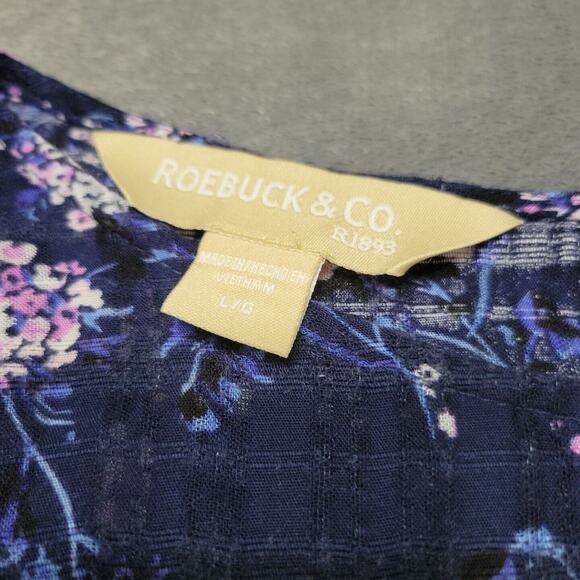 Roebuck & Co Shirt Women Large Blouse Blue Floral Sleeve Button Keyhole Back Top - Picture 4 of 12